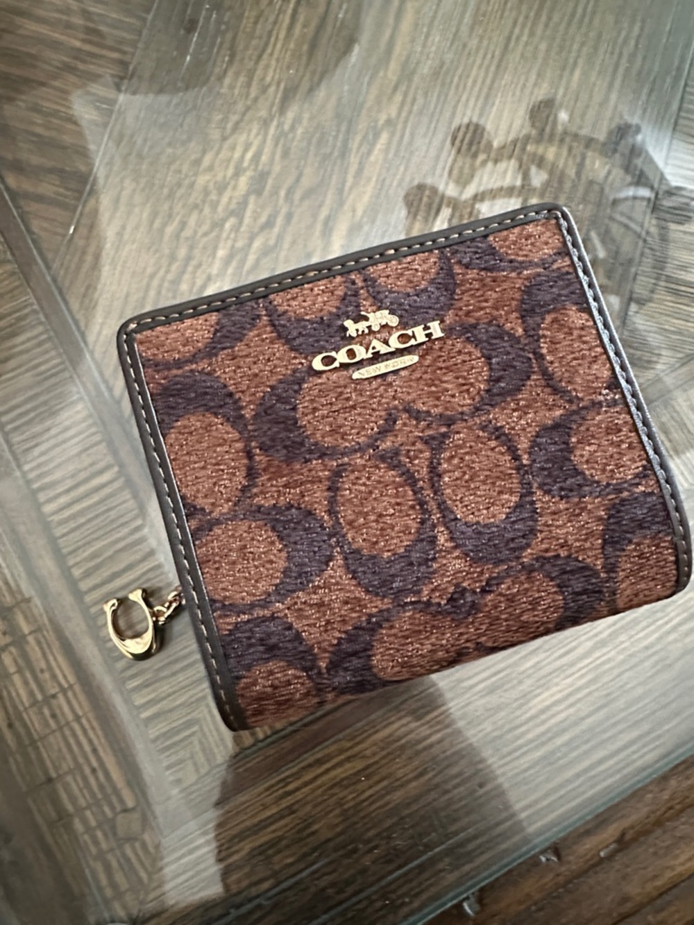 Coach Brown Signature Ch Compact Wallet with Gold Logo